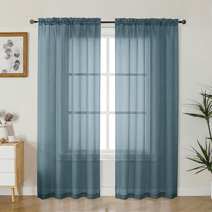 Gwine Sheer Curtains 72 Inch Length - Light Filtering Rod Pocket Window Curtain Panels for Bedroom, Elegant Soft Voile Living Room Sheer Drapes, Each 42Wx72L, 2 Panels, Dusty Blue