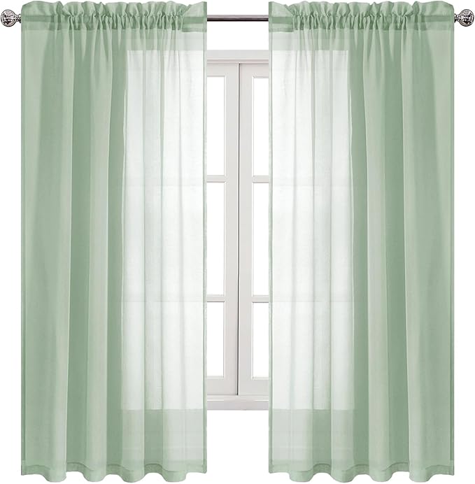 DWCN Bean Green Sheer Curtains Semi Transparent Voile Rod Pocket Curtains for Bedroom and Living Room, 52 x 63 inches Long, Set of 2 Panels