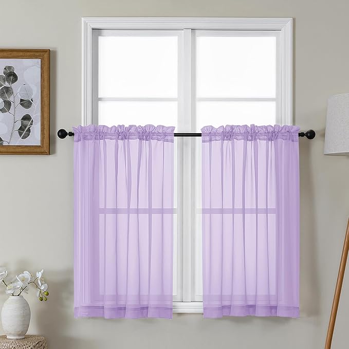 Gwine Lilac Sheer Kitchen Curtains 36 Inch Length, Light Filtering Voile Soft Airy Small Cafe Curtains, Short Window Curtain for Bathroom Basement, 42x36 inch, 2PCS