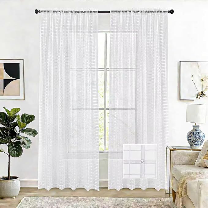 SpaceDresser Check Sheer Curtains 54 Inches Long for Living Room, Rod Pocket Plaid Semi Sheer Drapes for Kitchen Bedroom（White, 52W x 54L）