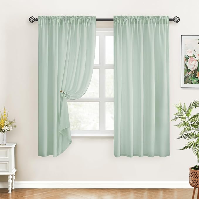 HOMEIDEAS Non-See-Through Sage Green Privacy Sheer Curtains, 52 X 63 Inches Long 2 Panels Sheer Curtains Light Filtering Window Drapes for Bedroom Living Room