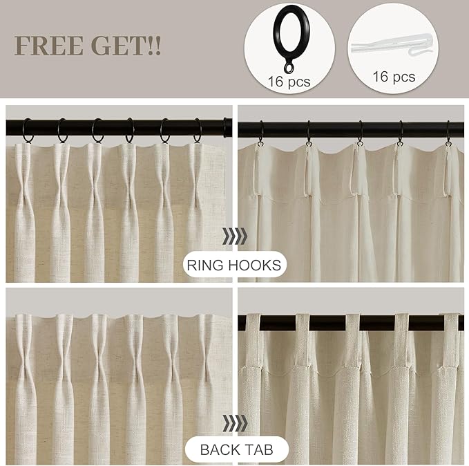IVAPUPU Pinch Pleated Curtains 90 Inch Length 2 Panels for Living Room, Semi Sheer Pleated Curtain with Hooks Rings Memory Trained Light Filtering Back Tab Window Drapes for Bedroom, 40W, Sand Beige