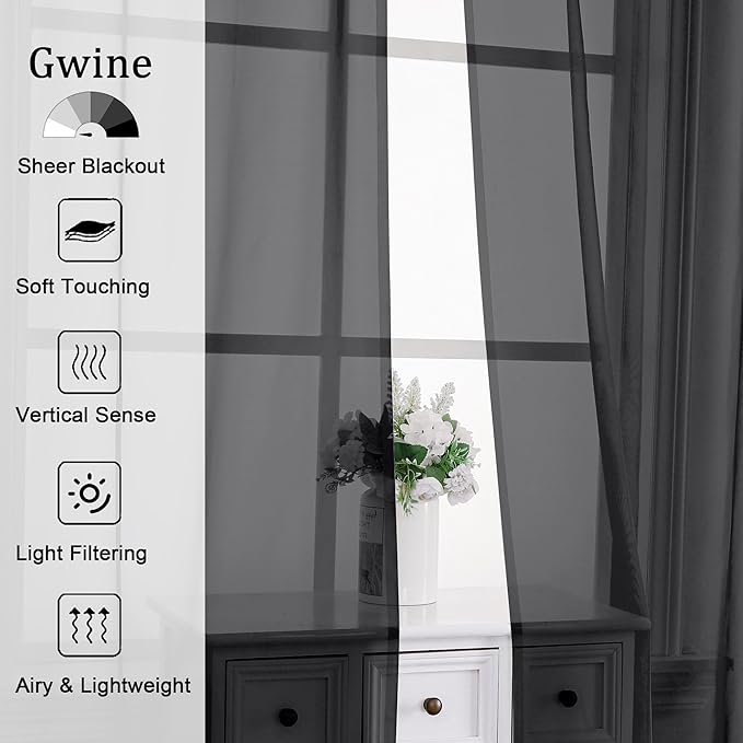 Gwine Black Sheer Curtains 63 Inch Length for Living Room 2 Panels, Light Filtering Rod Pocket Window Curtain Treatment for Bedroom, Voile Elegant Sheer Drapes，Each 42" Wx63 L, Black
