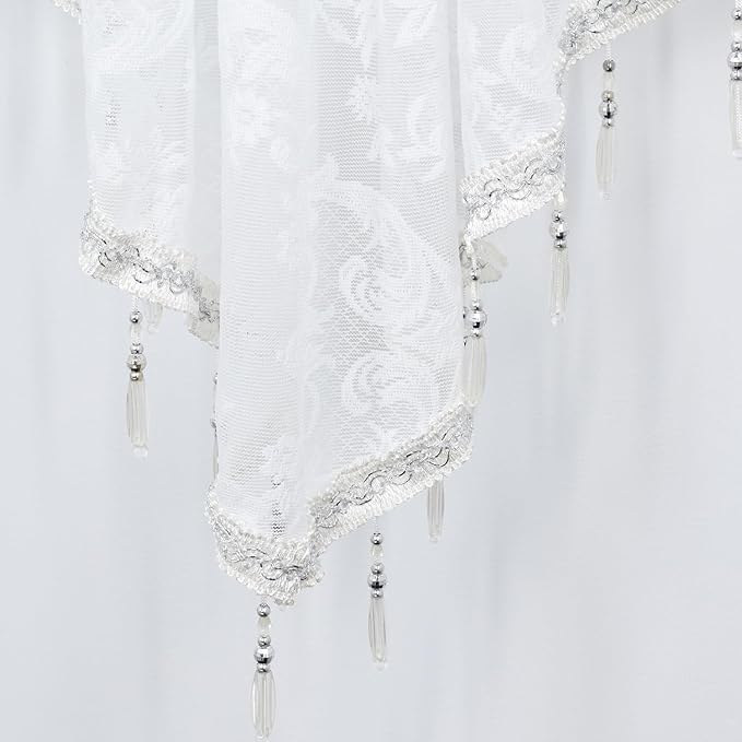 Molaxhome Swag Curtain 51 inch Length Rod Pocket Scalloped Curtain Valance Sheer Lace Panels with Hanging Crystal Beads for Kitchen Bedroom Window Treatments Drape Decor 1pc (Lace White, 51Wx23L)