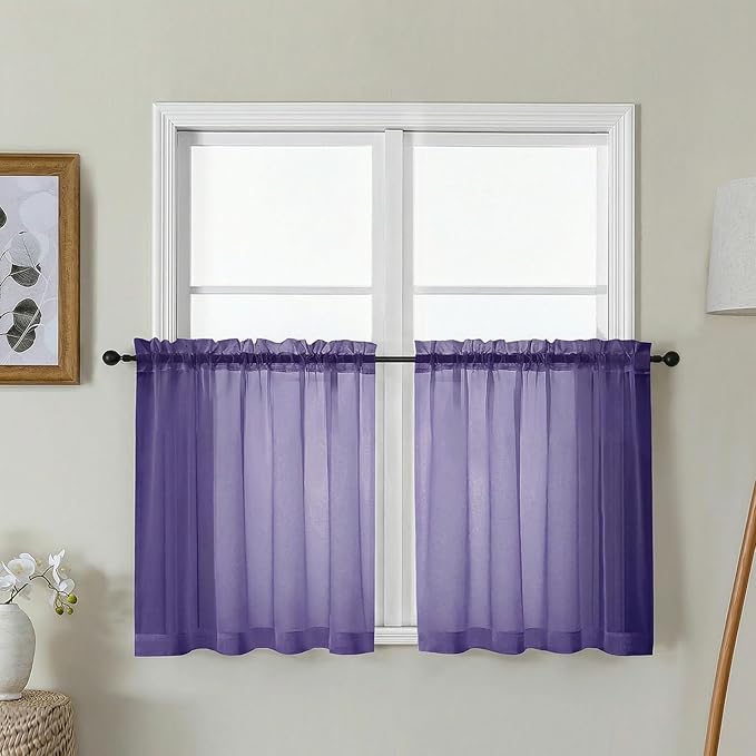 Gwine Short Kitchen Sheer Curtains 24 Inch Length - Light Filtering Voile Small Half Window Curtain for Basement, Rod Pocket Cafe Curtains for Bathroom Cabinet, 42Wx24L Inch, 2 Panels, Purple