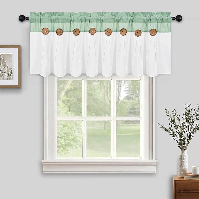 FRAMICS Farmhouse Valance Curtains, Boho Cotton Linen Kitchen Valance, Sage Green Rustic Button Window Valance for Kitchen Bathroom Bedroom, Country Rod Pocket Valances for Windows,52 x 18 Inch