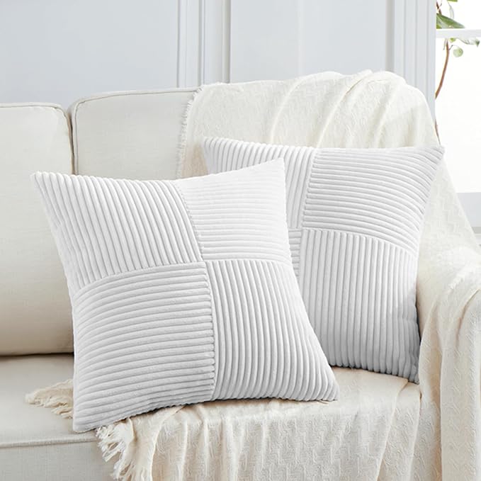 Fancy Homi 2 Packs White Samll Decorative Throw Pillow Covers 12x12 Inch with for Couch Bed Sofa, Rustic Farmhouse Boho Home Decor, Soft Corss Patchwork Corduroy Square Cushion Case 30x30 cm
