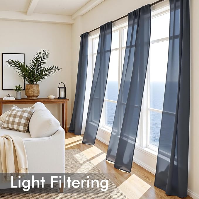 MIULEE Navy Blue Sheer Curtains 96 Inches Long, 4 Panels Set, Light Filtering Rod Pocket Voile Drapes Window Treatments, Semi Transparent Airy Fabric for Bedroom and Living Room, 42 x 96 Inches