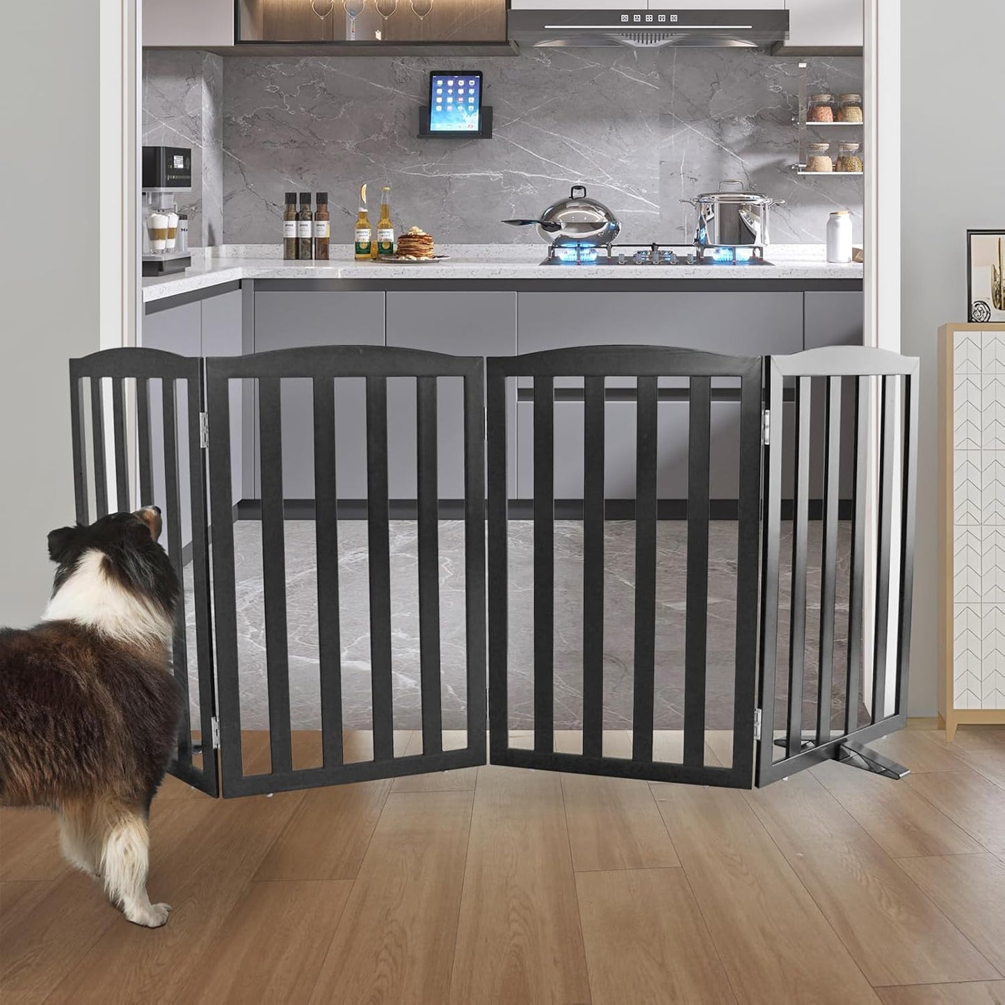 ZJSF Foldable Freestanding Indoor Dog Gate for House Wood Long Pet Gates Dog Fence for Stairs Puppy Gates for Hallways, Puppy Gate,Support Feet Included, Black, 32 "Height-4 Panels