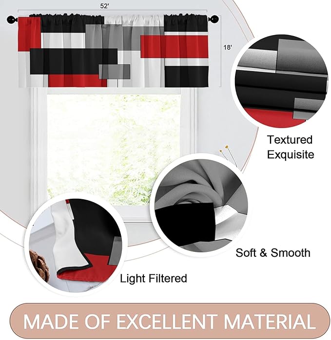 Emvency 4 Pack Valances Window Treatments, Red and Black Geometry Abstract Modern Art Blackout White Adjustable for Living Room Bathroom Kitchen Over Sink, 52x18 Inch Rod Pocket Valances