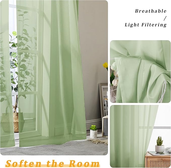 Gwine Light Green Sheer Curtains 96 Inches Long 2 Panels, Elegant Window Treatments Voile Curtains for Living Room, Light Filtering Rod Pocket Sheer Drapes, Each 42" Wx96