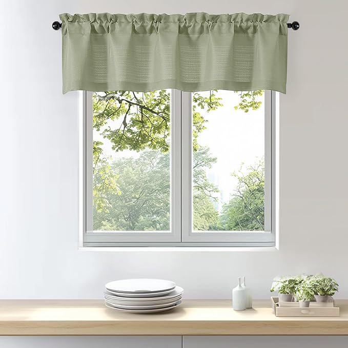 OWENIE Bob 1 PCS Green Valances for Windows, Faux Linen Textured Kitchen Window Curtains Valance for Bedroom Living Room, Modern Soft Airy Solid Rod Pocket Bathroom Cafe Curtain, 60Wx16L Inch