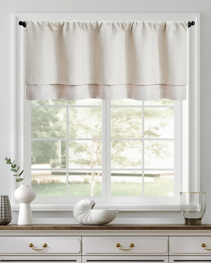 jinchan Valance Curtain Beige Hearthered Farmhouse Light Filtering Double Layer Window Treatment for Living Room Dining Bedroom Kitchen Rod Pocket 18 Inch