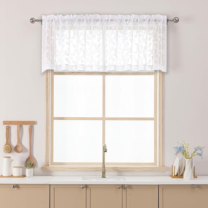 Chyhomenyc White Sheer Valances for Windows 18 Inch Length 2 Pcs, Light Filtering Leaf Textured Cafe Short Kitchen Curtains, Top Small Curtain for Living Room Bedroom Basement, 42" W x 18" L