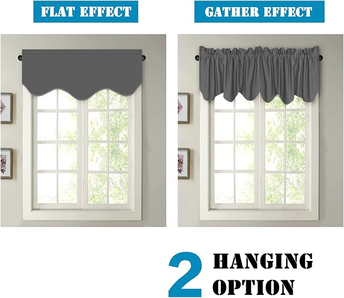 H.VERSAILTEX 2 Panels Blackout Curtain Valances for Kitchen Windows/Living Room/Bathroom Privacy Protection Rod Pocket Decoration Scalloped Window Valance Curtains, 52" W x 18" L, Charcoal Gray