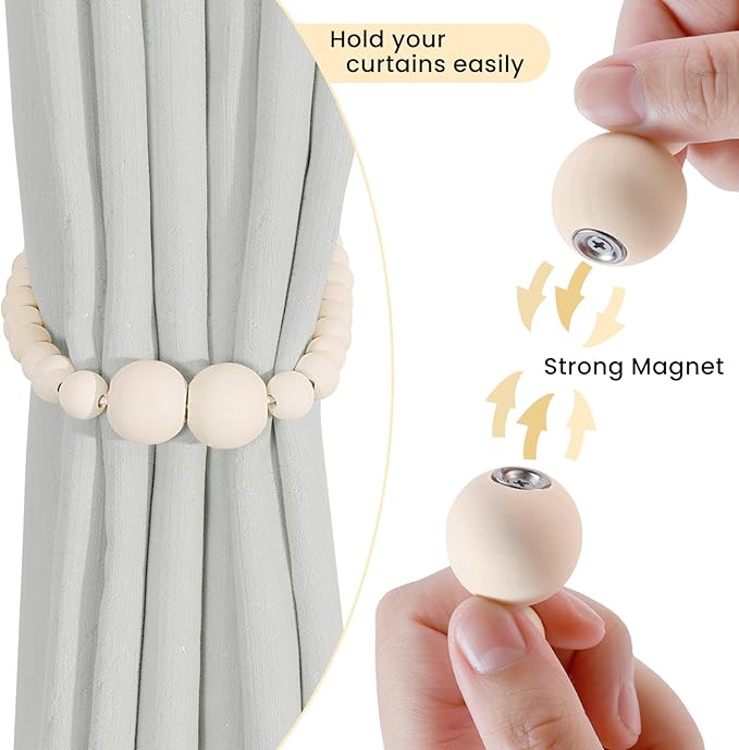 KLOGTSIND Magnetic Curtain Tiebacks, 4 Pack Curtain Holdbacks for Draperies, Wood Bead Curtain Tiebacks, Elegant Curtain Tie Backs for Bedroom Decor, Boho Room Decor, Nursery Decor, Farmhouse Decor