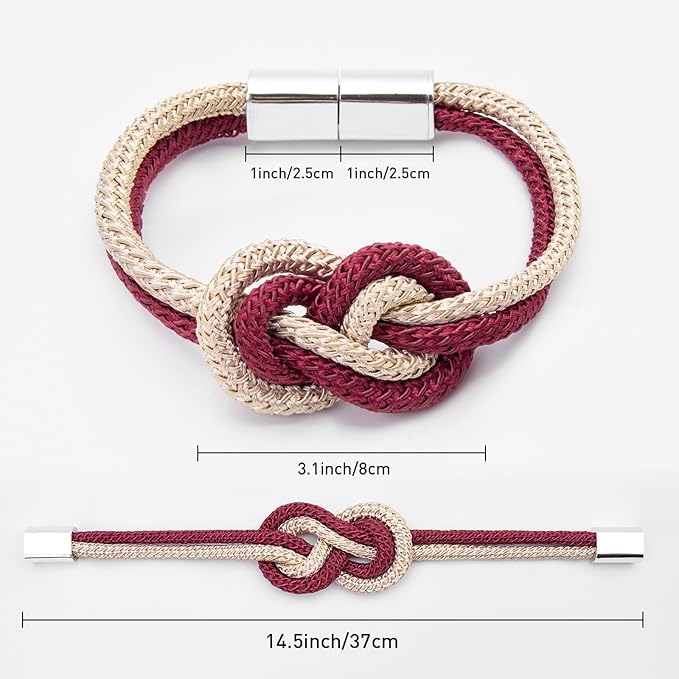 NICEEC 2 Pack Mini Magnetic Curtain Tiebacks Nordic Simple Style Drape Tie Backs Elegant Hand Weave Rope Knot Decorative Curtain Holdbacks for Home & Office Thin Window Drapery (Wine Red & Beige)