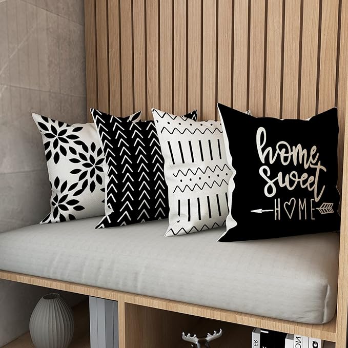 YCOLL Pillow Covers 16x16 Set of 4, Modern Sofa Throw Pillow Cover, Decorative Outdoor Linen Fabric Pillow Case for Couch Bed Car, Black