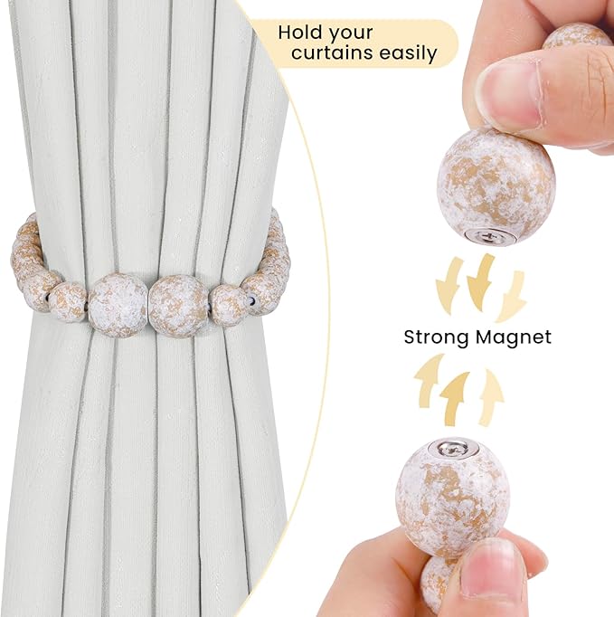 Magnetic Curtain Tiebacks, 6 Pack Curtain Holdbacks for Draperies, Wood Bead Curtain Tiebacks, Elegant Curtain Tie Backs for Bedroom Decor, Boho Room Decor, Nursery Decor, Farmhouse Decor