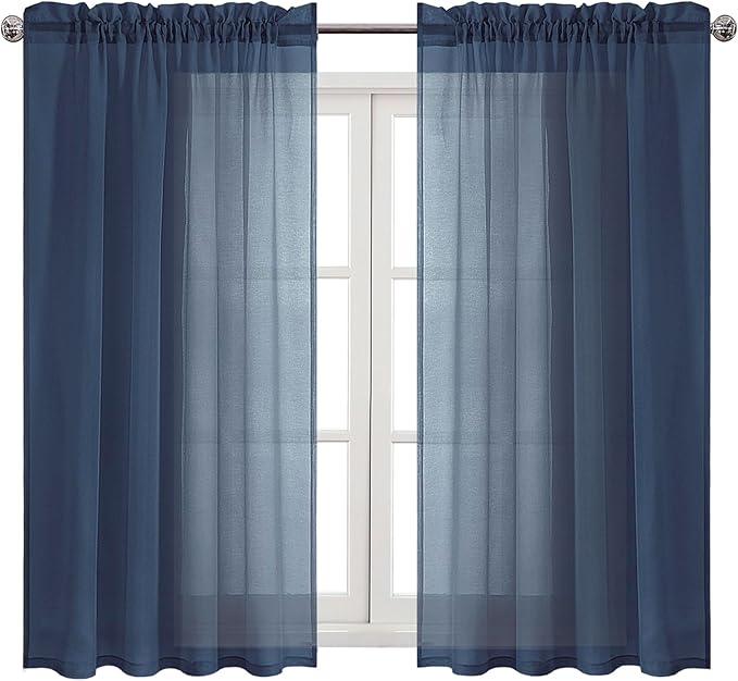 DWCN Navy Blue Sheer Curtains Semi Transparent Voile Rod Pocket Curtains for Bedroom and Living Room, 52 x 54 inches Long, Set of 2 Panels