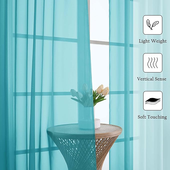 Lecloud Turquoise Sheer Curtains 63 Inch Length 2 Panels, Voile Light Filtering Living Room Curtains for Bedroom, Rod Pockets Solid Soft Drapes for Bathroom Home Office, Each Panel 59" W x 63" L