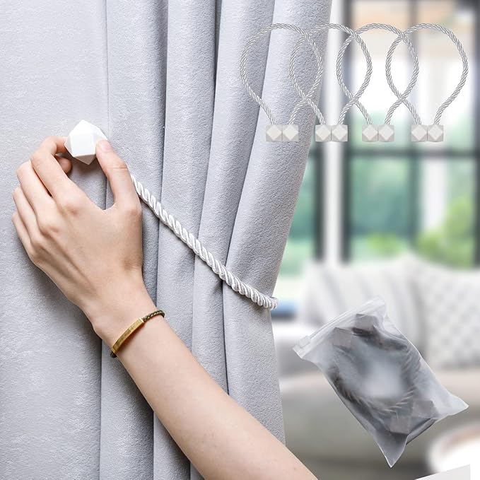 NazTur Magnetic Curtain Tiebacks- Upgrade 2022 with a Thicker Twist Rope & Strong Magnet Tieback Window Treatment Holdbacks Draperies Holders Decorative Drape Handmade Tie Back (White, 4)