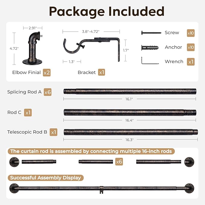 Zeerobee Curtain Rods for Windows 66 to 120, 1 Inch Industrial Wrap Around Vintage Bronze Curtain Rod, Indoor/Outdoor Room Divider Adjustable Drapery Pole, 66"-120"