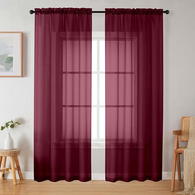 Burgundy Sheer Curtains 84 Inches Long 2 Panels Set for Bedroom Living Room, Soft Airy Light Filtering Modern Solid Rod Pocket Drapes Window Treatments, Burgundy, Each 42" W x 84" L