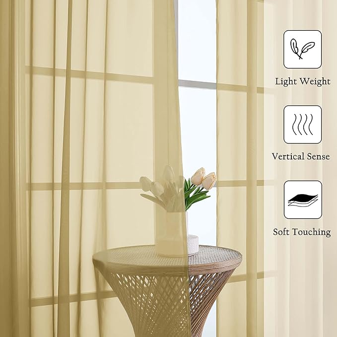Lecloud Gold Sheer Curtains 120 Inches Long 2 Panels Set, Rod Pockets Light Filtering Curtains for Living Room Bedroom Dining Room, Solid Color Airy Voile Rustic Drapes, Each Panel 59" W x 120" L