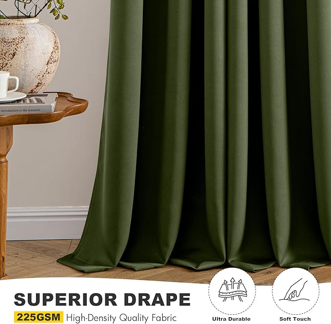MIULEE Olive Green Blackout Curtains for Bedroom Living Room 63 Inches Long 2 Panels, Thermal Insulated Room Darkening Drapes Solid Grommet Top Noise Reducing Dark Green Window Treatments 40x63 Inch