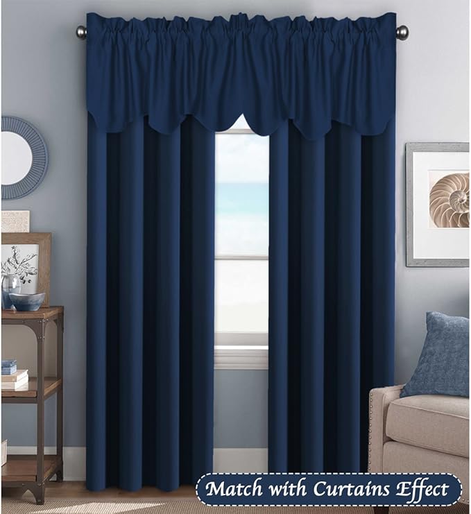 H.VERSAILTEX 4 Panels Blackout Curtain Valances for Kitchen Windows/Living Room/Bathroom Privacy Protection Rod Pocket Decoration Scalloped Window Valance Curtains, 52" W x 18" L, Navy