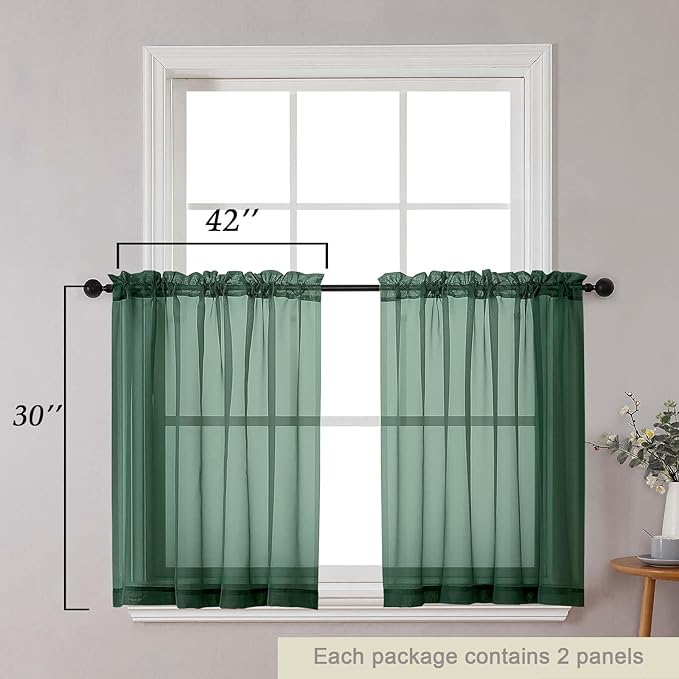 Hunter Green Kitchen Curtains 30 Inch Length Tier 2 PCS, Solid Soft Half Curtains for Windows, Hunter Green Sheer Rod Pocket Drapes for Bathroom Basement Small Window Curtain, 42"Wx30"L Inch