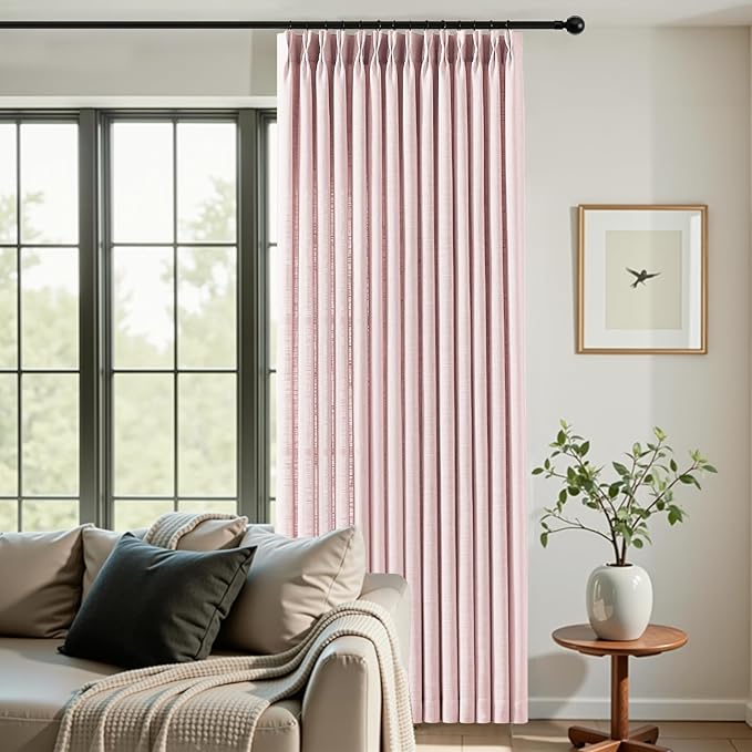 Light Pink Pinch Pleated 84 Inch Curtains for Living Room, Semi Sheer Light Filtering Privacy Linen Curtain Memory Trained Back Tab Drapes with Hooks Rings for Girls Bedroom, 2 Panels, W40xL84