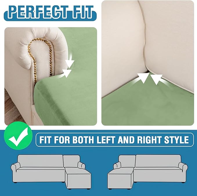 Couch Cover 3-Piece Elastic Velvet Couch Cushion Covers & Chaise Slipcovers for L-Shaped Sofas, Sofa Seat Covers Washable, Soft Cover for Couches (2 Seater + Chaise, Avocado Green)
