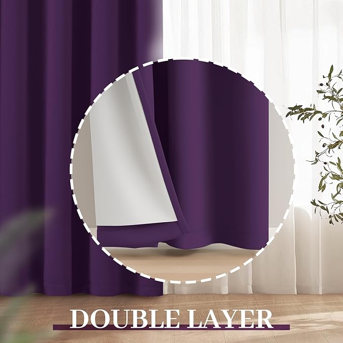 Yakamok Room Darkening 100% Blackout Curtains Grommet Window Treatments with 2 Thick Layers-Purple Thermal Insulated Drapes Set of 2 Panels for Bedroom Living Room 52 Inches by 96 Inches Length
