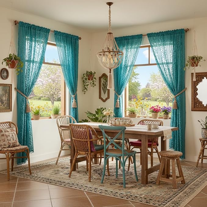 WAZZIO Boho Lace Curtains 2 Panels 72 Inch -Victorian Sheer Panel Drape French Country Floral Pattern & Tassel Light Filtering Privacy for Bedroom Dining Living Room,Coastal Decor,Teal,W52x L72