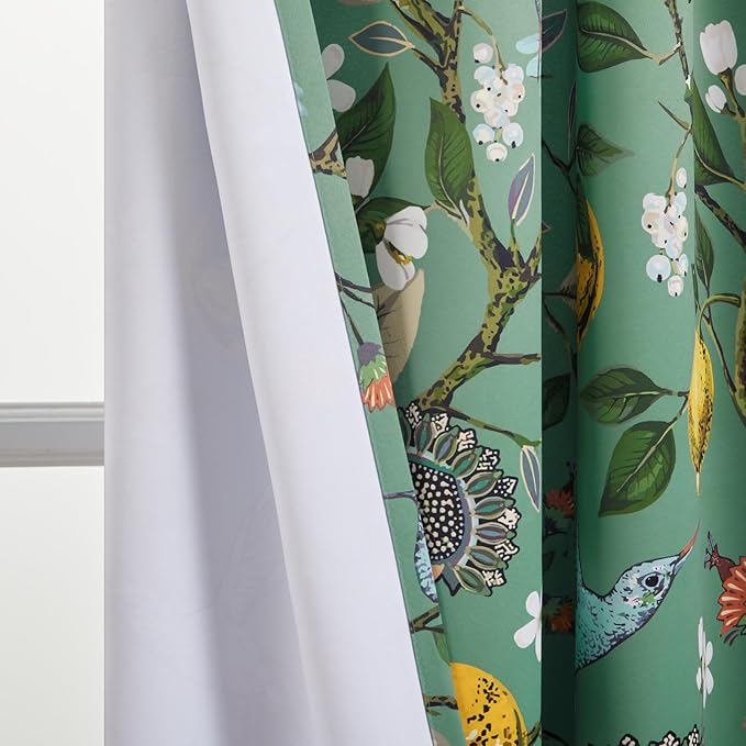 Topfinel 90 Inches Long Curtains,Whimsical Woodland Leaf Jungle Forest Flower Hummingbird Victorian Grommet Thick Sage Green Curtains Two Pages for Balcony Sliding Glass Office Bedroom Living Room