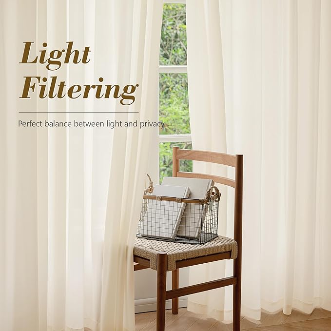 FMFUNCTEX Sheer Non-See-Through Butter Cream Curtains for Bedroom, Sliding Door Curtains 96 Inches Long Window Curtain Drapes for Living Room, Patio Glass Door Extra Wide Curtain, Rod Pocket 1 Panel