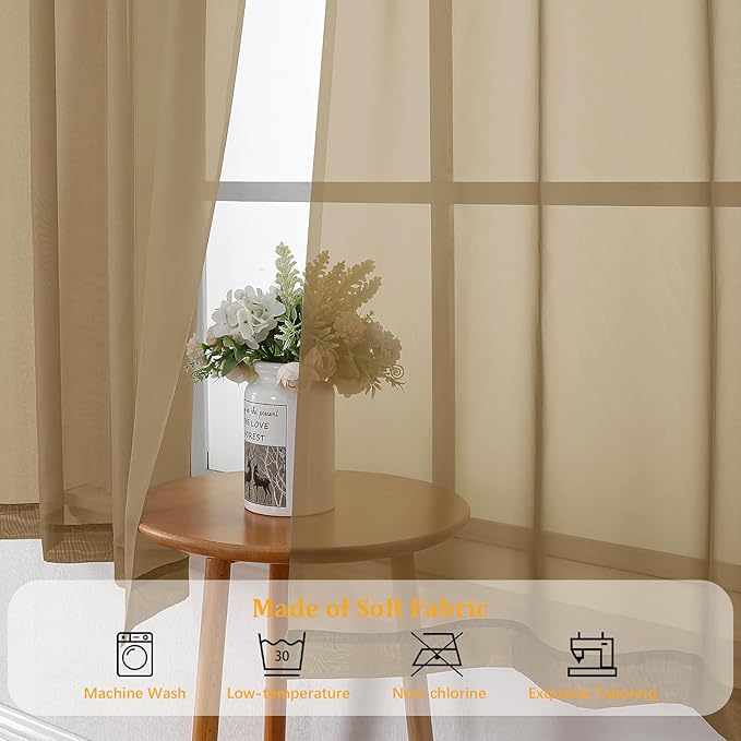 Gwine Taupe Valances for Windows, Small Light Filtering Rod Pocket Cafe Valance Curtains, Soft Sheer Curtain for Bathroom Laundry Basement, 42Wx14L inch, 2 Pieces