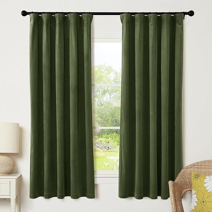 RYB HOME Olive Green Velvet Curtains 63 inches Length with Hook Tape, Thermal Insulated Privacy Protect Decorative Drapes for Bathroom Window, W 42 x L 63 inches, 2 Panels Set