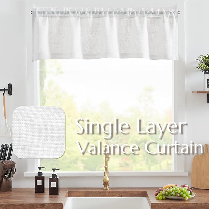 jinchan Sheer Valance Curtain Linen Textured Valance for Kitchen Living Room Bedroom Voile Window Light Filtering Farmhouse Country Rod Pocket 1 Panel 16 Inch Length White
