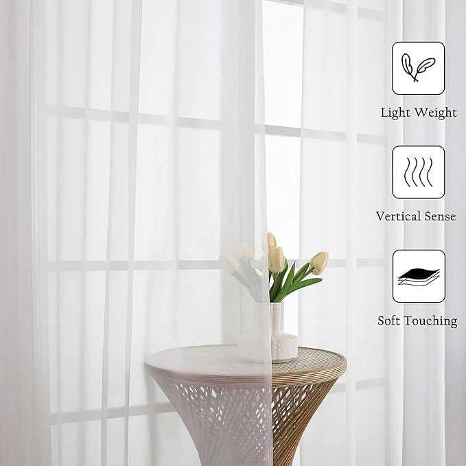 Lecloud Sheer White Curtains 96 Inches Long 2 Panels Set, Solid Airy Voile Dual Rod Pocket Sheer Curtains, Elegant Light Filtering Window Curtain Drapes for Living Room Garden, 59" W x 96" L