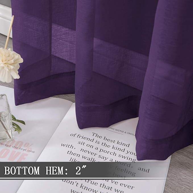Tollpiz Short Sheer Curtains Linen Textured Bedroom Curtain Sheers Light Filtering Rod Pocket Voile Curtains for Living Room, 54 x 45 inches Long, Royal Purple, Set of 2 Panels