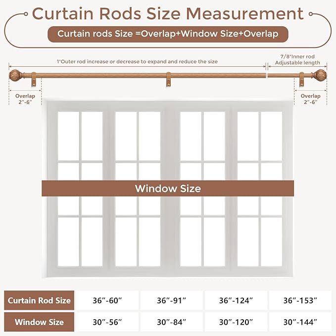 Wood Curtain Rods for Windows 48 to 84 Inch, Boho Vintage Decorative 1 Inch Wooden Curtain Rod, Adjustable Heavy Duty Rustic Farmhouse Drapery Pole with Netted Imitation Wood Grain Finials