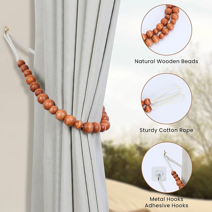 Wood Bead Curtain Tiebacks, KLOGTSIND Set of 4 Curtain Holdbacks for Thin or Thick Window Draperies, Boho Farmhouse Curtain Tiebacks with Hooks, Curtain Tie Backs for Home Office Room Decor
