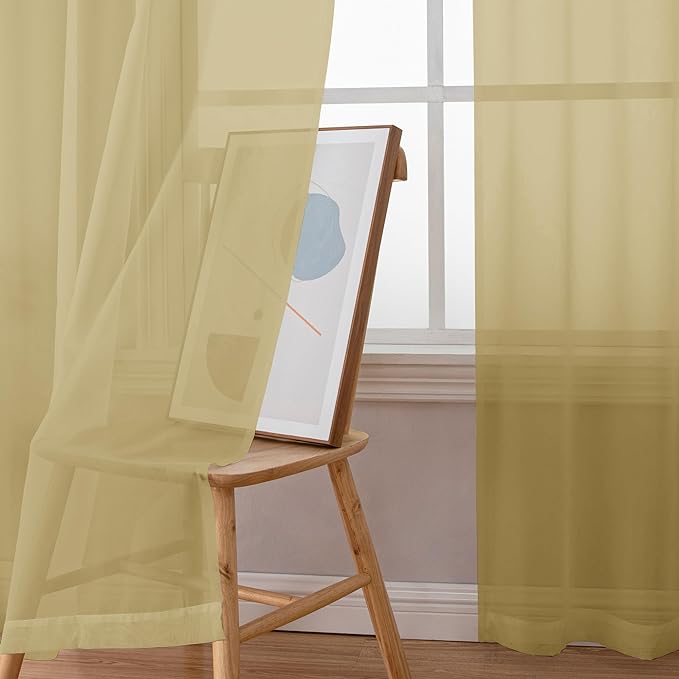 Simplebrand Gold Sheer Curtains 84 Inches Long 2 Panels, Light Filtering Rod Pocket Solid Color Window Sheer Curtain Panels, Elegant Curtains & Drapes for Living Room, Bedroom (Gold, 42" W x 84" L)