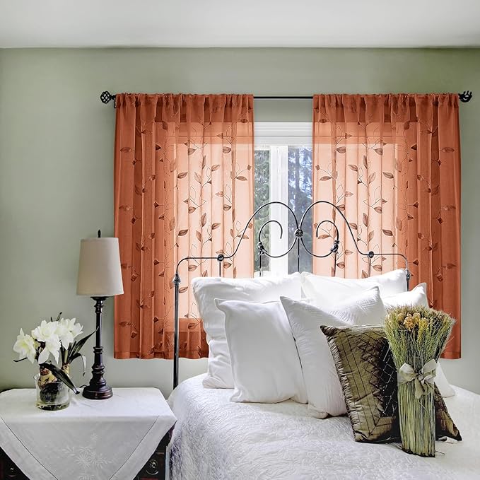 HOMEIDEAS Fall Burnt Orange Sheer Kitchen Curtains 52 x 45 Inch Length 2 Panels Embroidered Leaf Pattern Short Curtains for Bedroom Half Small Window Rod Pocket Tiers