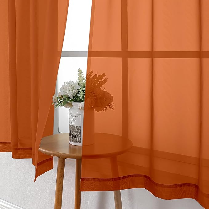 Lecloud Orange Sheer Curtains 54 Inch Length 2 Panels, Voile Light Filtering Curtains for Bedroom with Rod Pocket, Breathable Gauzy Drapes for Basement Bathroom, Each Panel 42 X 54 Inch
