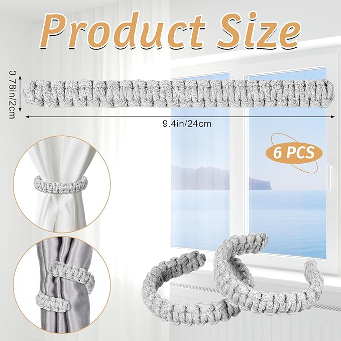 Ptwola 6 Pack Braided Curtain Tiebacks Boho Elegant Rustic Curtain Holdbacks Tie Backs Holders Set Simple Light Weight Drapes Decorative Accessories Handmade for Home Office Bedroom Window (6, Gray)