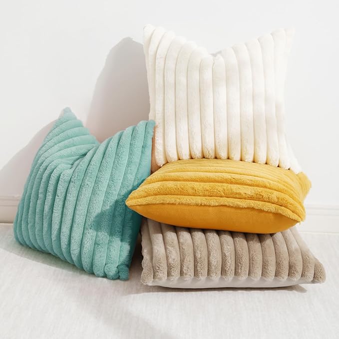 decorUhome Summer Cozy Faux Fur Throw Pillow Covers 24x24 Set of 2 Decorative Soft Plush Striped Modern Farmhouse Boho Couch Euro Sham Pillow Cases with Velvet Back for Sofa Bed Living Room, Aqua